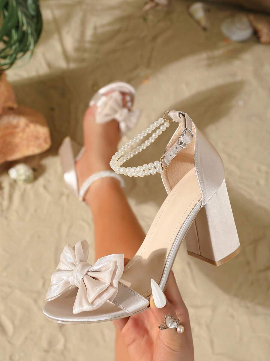Summer Fashion Faux Pearl Bow Bridal Open Toe High Heels, Chunky Heels
