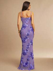 Vestido de tirantes finos maxi ajustado y elegante con diseño floral 3D en color marrón, adecuado para invitada de boda en otoño, fiesta, cóctel, noche, Navidad.Vestido maxi ceñido y con espalda descubierta, apropiado para fiesta de ot - Púrpura malva - Ver 2