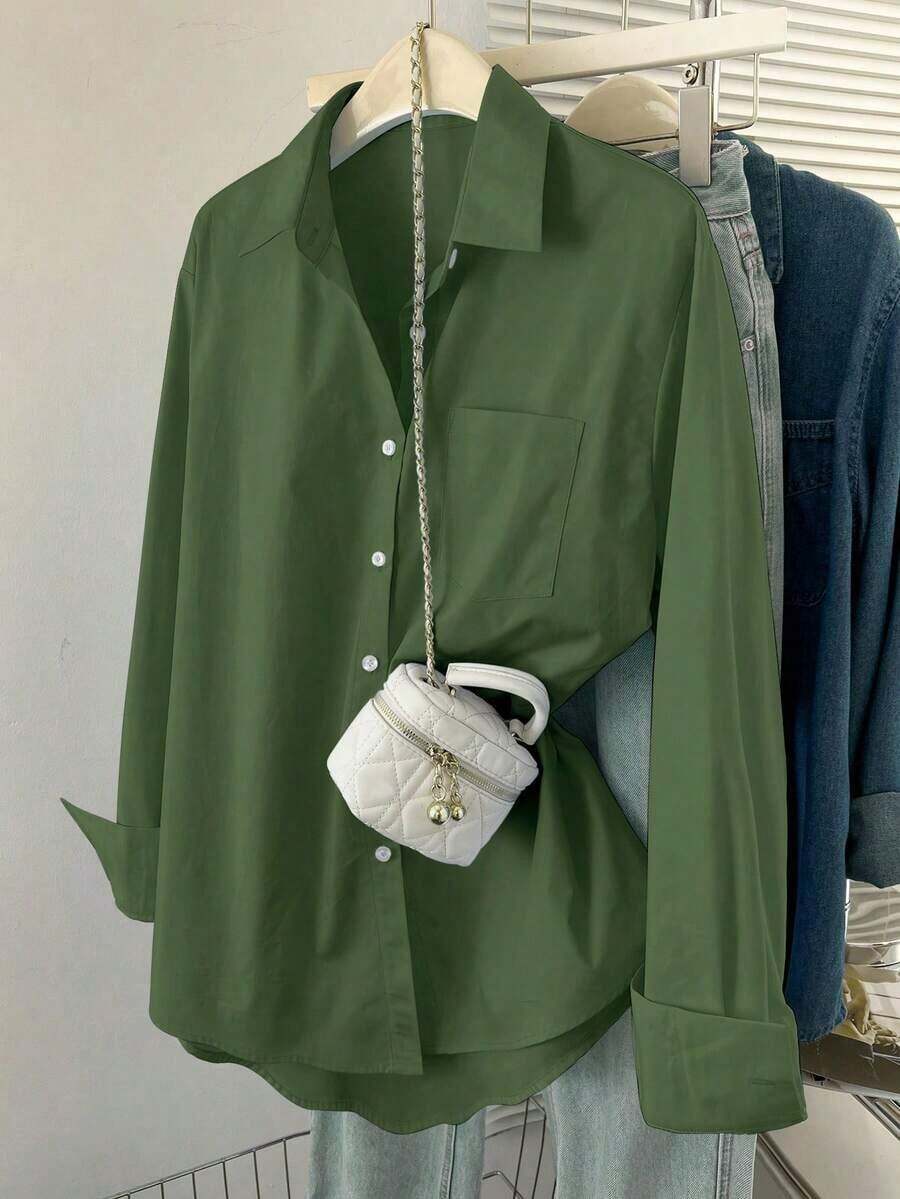 Blusa informal de unicolor de manga larga para mujer - Verde Oliva - Ver 1