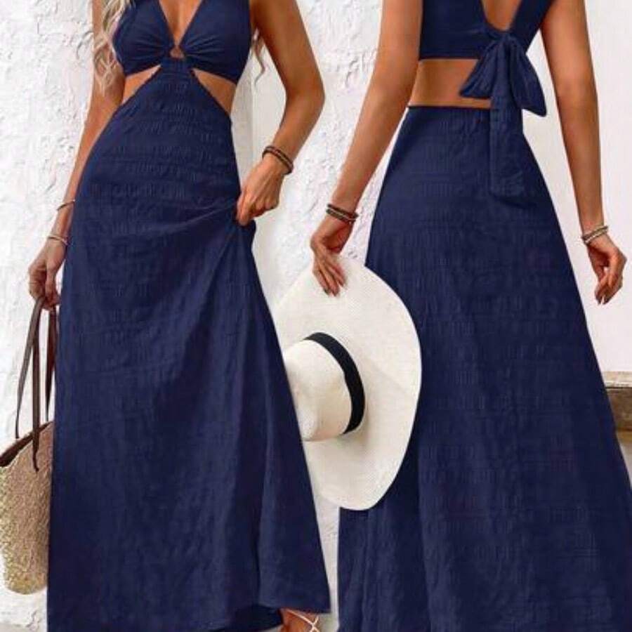Holidaya Women Fashionable Back Hollow Out Strap Texture Dress Maxi Vacation Beach Outfit Vacation Dress Women Maxi Dresses Beach Dresses For Women Women Dresses Vacation Women Maxi Dresses - Azul Marino - Ver 1