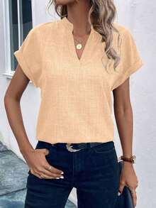 Camisa casual de mujer de manga corta con cuello entallado de unicolor, para verano - Naranja 2 - Ver 5