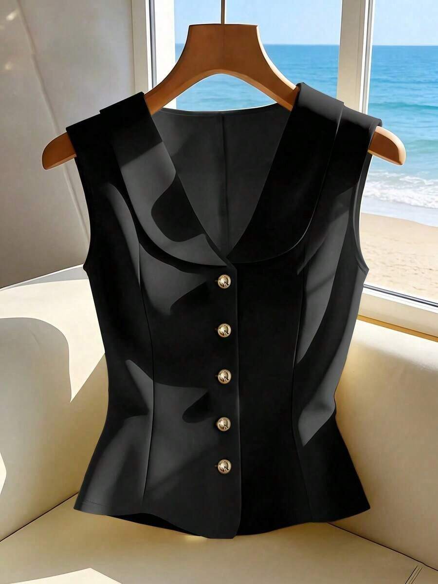 Blusa sin mangas amarilla elegante, top de verano elegante y estilizador para mujeres - Negro - Ver 1