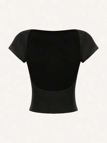 Camiseta ajustada de mujer con hombros descubiertos, manga corta y espalda descubierta, en colores lisos y seductores, apta para el verano - Negro - Ver 1