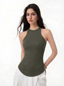 Camiseta sin espalda gris oscuro acanalada con bajo curvo, camiseta sin espalda de uso diario casual, camiseta ajustada para mujer en gris oscuro - Verde Oliva - Ver 3