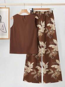 Clasi Conjunto de pantalones anchos plisados con lunares blancos y negros de cuello redondo y sin mangas, holgado, elegante para uso diario, ir a trabajar, moda primavera/verano - Marrón - Ver 2