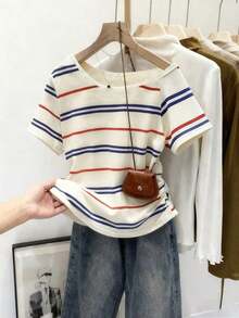 Camiseta casual versátil de mujer con estampado de rayas y manga corta - Multicolor - Ver 3