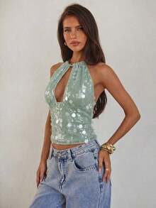 Nuevo camisol de tirantes finos con espalda descubierta y lentejuelas rosas para mujer, elegante y sexy, ideal para el Día de San Valentín, fiestas y viajes - Verde - Ver 6