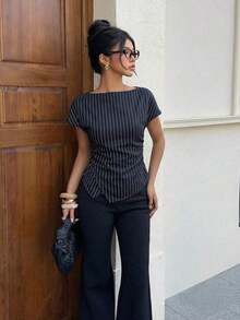 Blusa de manga corta con pliegues en la cintura y bajo asimétrico, estilo elegante de oficina para mujer - Azul y blanco - Ver 4