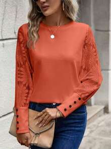 Blusa de mujer con mangas de encaje floral, parches y tejido de gofre, color blanco - Granada - Ver 4
