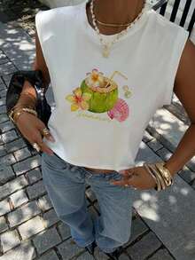Camiseta de tirantes corta con cuello redondo y estampado de limones, adecuada para el verano - Blanco 2 - Ver 8