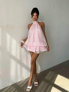 Vestido mini elegante de mujer con estampado de lunares y escote halter sin espalda - Rosa Pálido - Ver 6
