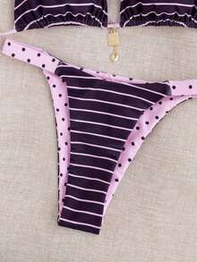 Conjunto de bikini reversible con estampado de lunares en contraste, con escote halter y nudo en la espalda, de estilo dulce y sexy, para vacaciones en la playa - Multicolor 3 - Ver 7