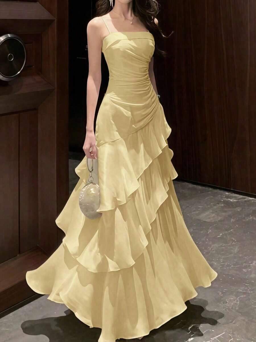 Vestido de fiesta elegante y distintivo de mujer, vestido de noche formal vintage, ajustado con tirantes finos, adecuado para cumpleaños, bodas, invitados, bailes de graduación, vacaciones de primavera en la playa - Amarillo - Ver 1