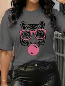 Camiseta Casual de Mujer de Manga Corta, Cuello Redondo, de Poliéster con Estampado de Tigre - Gris Oscuro - Ver 2