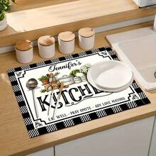 1pc Dish Drying Mat, Coffee Machine Pad, Black & White Checkered Border With Vintage Hand-Painted Floral Pattern, Suitable For Dining Table Absorbent Use, Multi-Purpose Drainage Mat, Home Gift, Tabletop Decor - XYLSD-320 - View 9