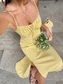 Vestido de tirantes con abertura lateral y estampado floral diminuto para el verano de las mujeres - Amarillo - Ver 8