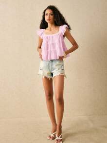 Blusa informal de mujer con volantes en el borde de unicolor - Rosa Pálido - Ver 4