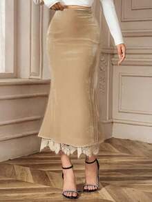 Falda de tubo elegante y de unicolor con ribete de encaje para mujer - Albaricoque - Ver 3