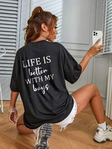 Camiseta Casual de Corte Holgado para Mujer con Estampado "LIFE IS BETTER with MY S" - Letras en Blanco y Negro, Cuello Redondo, Manga Corta, Tela de Elasticidad Media, Lavable a Máquina, Top de Primavera/Verano, Ropa Casual, Estilo Relajado Y2k - Blanco - Ver 3