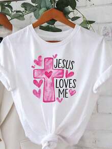 Women's Casual Crew Neck T-Shirt With Cross And Heart Design And The Phrase "Jesus Loves Me", Short Sleeve, Spring/Summer Top, Casual Wear | Faith Motif Shirt | Y2k T-Shirt With Knot Detail - 白色 - 查看 10