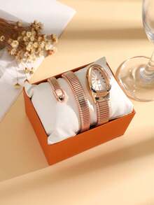 1pc Rose Gold Snake-Shaped Ladies' Watch Set, Luxury Retro Quartz Wristwatch, Birthday Gift / Holiday Gift - Rose Gold - View 1