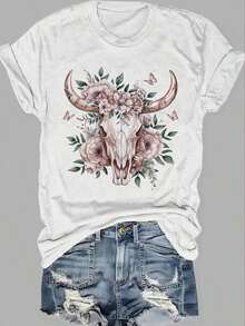 Camiseta de Mujer Estilo Vintage Western con Estampado Floral de Calaveras de Vaquero - Color Lavanda, Manga Corta Casual, Transpirable y Cómoda - Blanco - Ver 6