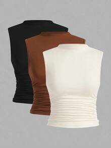 3 piezas Tops sin mangas plisados, tops sin mangas casuales de cuello plano para mujer, gran valor en paquete de 3, para el verano - Multicolor 3 - Ver 11