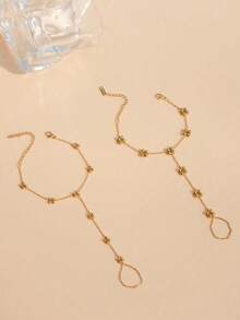 Women's Metal Bead Decorated Stainless Steel Finger Ring Chain, Fashion Casual Minimalist Design, Suitable For Daily Wear - Gold - View 5