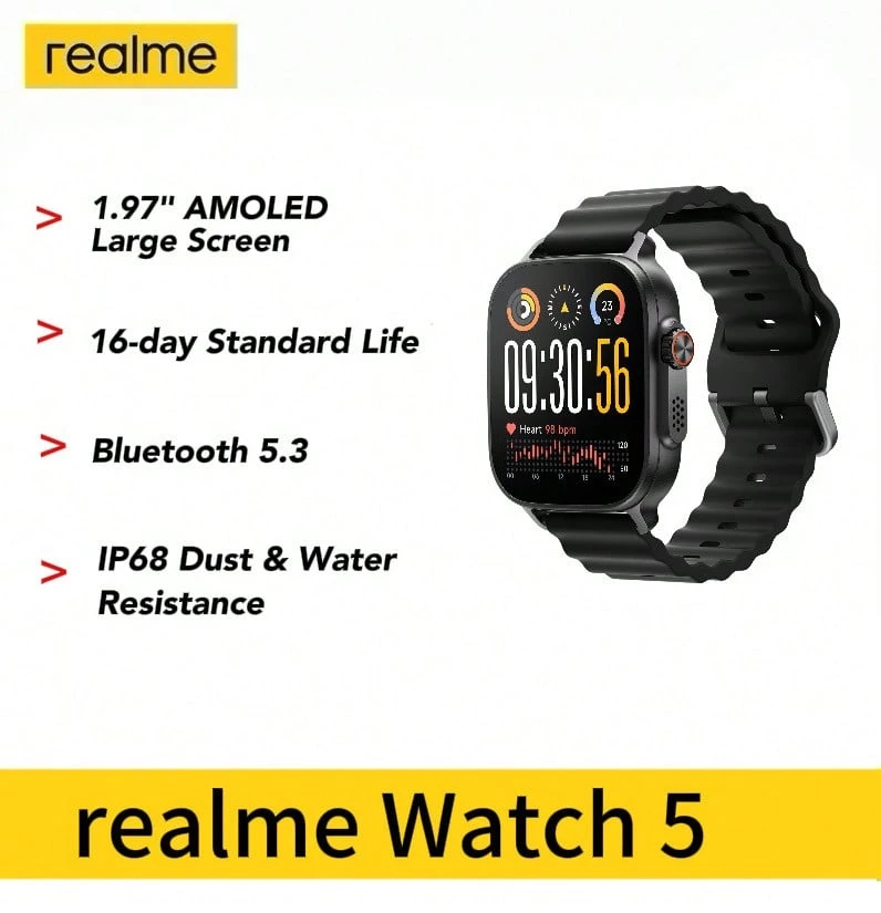 Realme Watch 5 智能手表，AMOLED 触控屏，1.97 英寸，独立 GPS，NFC，蓝牙通话，108 种运动模式，血氧监测，睡眠追踪，IP68 级防水，16 天续航 - 查看 1