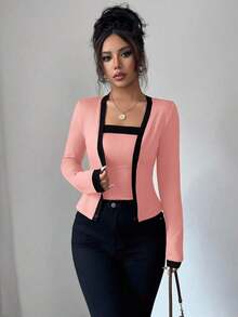 Set de 2 piezas: Top de mangas largas con panel de color elegante de frente abierto y camiseta sin mangas para mujer - Multicolor 3 - Ver 5