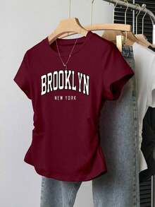 Camiseta ajustada de mujer con estampado de letras, silueta estilizante, estilo casual/al aire libre, nueva llegada de verano, color rojo - Burdeos 2 - Ver 1