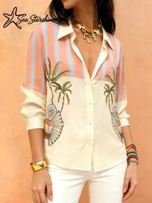 Spring/Summer New Arrival Elegant Casual Coconut Tree Contrast Stripe Print Shirt, Suitable For Afternoon Tea And Vacation - Multicolor - View 3