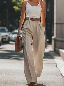 Calça Feminina Elegante de Cor Sólida, Lavável em Máquina, Adequada para Todas as Estações, Escritório e Uso Diário, Com Bolsos, Confortável, Viagem - Caqui - Visão 5