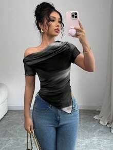 Camiseta de mujer de manga corta con hombro asimétrico y estampado de teñido anudado - Negro - Ver 1