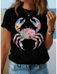 Flower Crab - A Must-Have New Product For Summer - Suitable For Spring And Summer - Comfortable Casual T-Shirt For Women With Round Neck For Spring And Summer - Soft Touch, Ideal Gift For All Occasions - Casual T-Shirts 2026 - White Top - Summer Tops For Women - New Summer Outfits For Women 2026 - Washable T-Shirt For Women - 黑色 - 查看 6