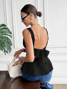Camisa sin mangas y sin espalda elegante y casual de 100% algodón, conjunto de verano para damas - Negro - Ver 4