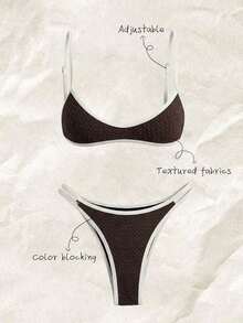 Set de 2 piezas Bikini de tirantes finos con estampado aleatorio para mujer, verano - Marrón - Ver 6