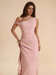 de dama de honor de otoño/invierno, vestido largo elegante con pliegues, abertura alta, volantes y hombros oblicuos con nudo retorcido y sin tirantes, sexy para fiestas - Rosa Pálido - Ver 7