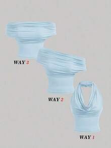 Set de 2 blusas casuales de unicolor de ajuste ceñido que se pueden usar de 3 maneras para mujeres - Celeste - Ver 5