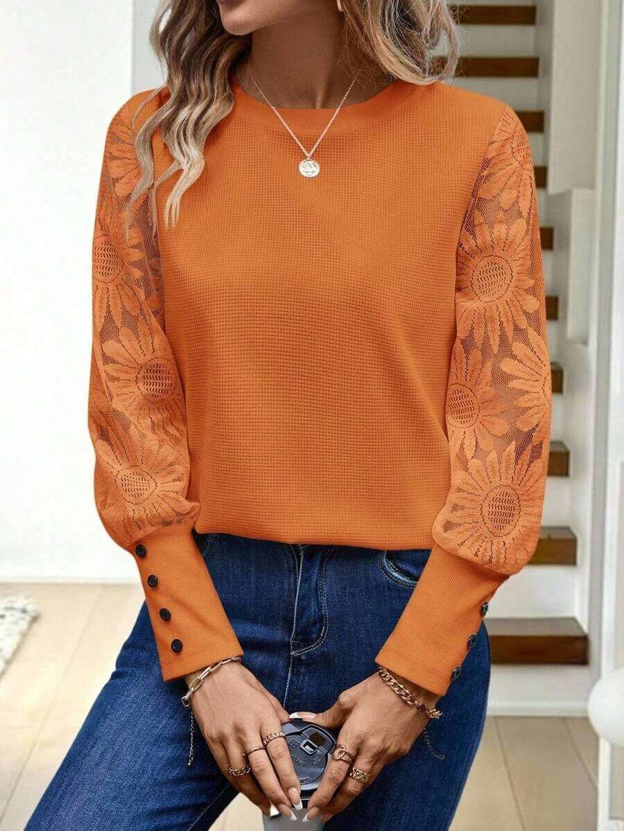 Blusa de mujer con mangas de encaje floral, parches y tejido de gofre, color blanco - Naranja Quemada - Ver 1