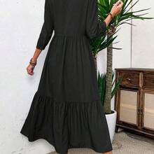 Women Solid Color Casual Short Sleeve Dress Maxi Women Outfit - Marrón - Ver 3