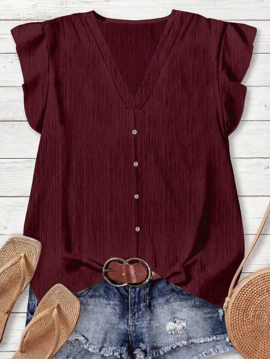 Camisa minimalista casual para mujer, adecuada para el verano - Burdeos - Ver 1
