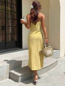 Vestido de tirantes con abertura lateral y estampado floral diminuto para el verano de las mujeres - Amarillo - Ver 2