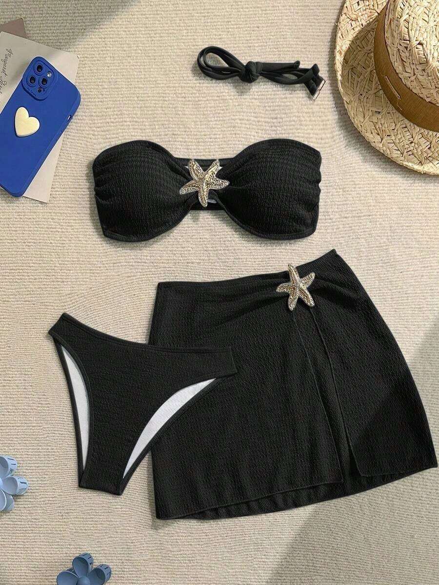 Set de bikini bandeau de 3 piezas de tela texturizada de unicolor, para vacaciones y playa - Negro - Ver 1