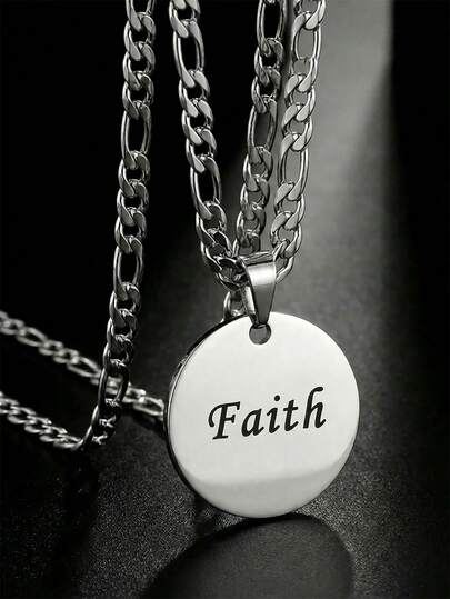 1pc European And American Punk Hip-Hop Letter Faith Round Pendant Necklace Exaggerated Sweater Chain Gold Necklace For Boys Girls Kids Inspiring Gift For Outdoors Party Vacation Back To School Jewelry For Daily Wear