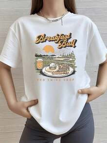 A Warm Sunrise With Breakfast Outdoors Next To A Green Field Conveys Positive Energy And Calm, Recalling Happy Morning Moments. Women's Casual, Modern, Comfortable T-Shirt For Everyday Wear. Cotton Women's T-Shirt, Breathable And Sweat-Absorbent Summer Short Sleeve - 黑色 - 查看 9