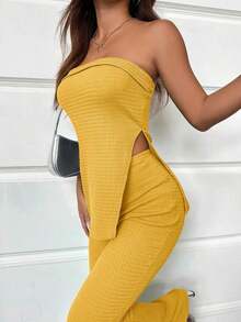 Conjunto de top bandeau y falda larga con abertura alta en color verde sólido para mujer - Amarillo - Ver 7