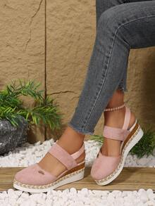 Mila Footwear Women's Extra Large Size Wedge Thick Bottom Closed Toe Pink Rope Sole Beach Holiday Style Sandals, Summer New Colorblock Elastic Strap Roman Sandals - Pink - View 4