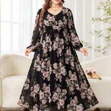 Vestido midi acampanado de manga larga de gasa con estampado floral romántico, corte regular, talla grande, tela de otoño primavera/verano para mujer - Multicolor - Ver 6