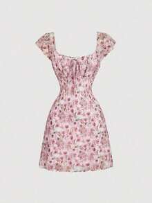 Vestido sin mangas con cuello redondo, fruncido en el pecho y estampado floral vintage para mujer en verano - Multicolor - Ver 4